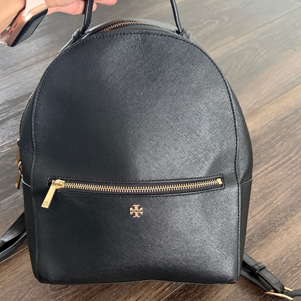 Tory Burch Black Leather Mini Backpack with Gold Hardware